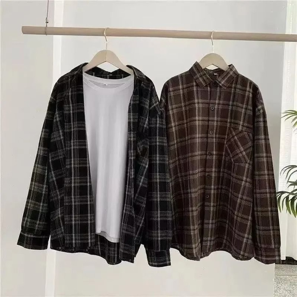 Retro AutumnWinter Plaid Shirt Professional Korean Fashion LooseFit Versatile Long Sleeve Top 4
