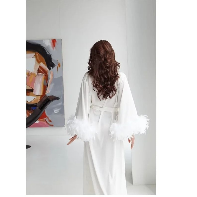 Luxurious FeatherTrimmed Silk Boudoir Robe Professional Satin Wedding Kimono For Brides 1