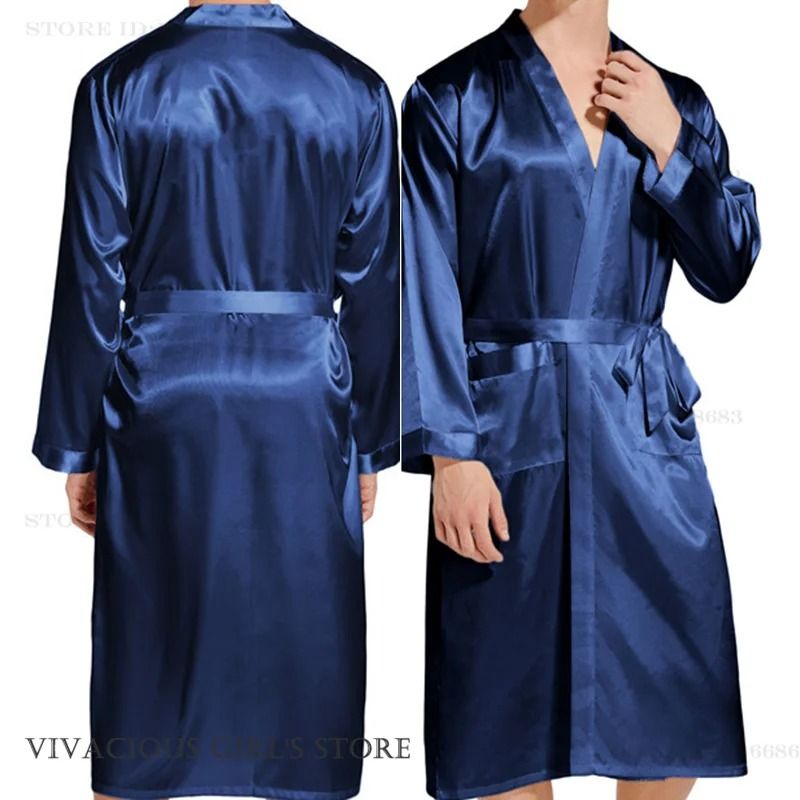 Premium Mens Silk Satin Bathrobe Professional Navy Blue Wedding Kimono Sleepwear Gown 0