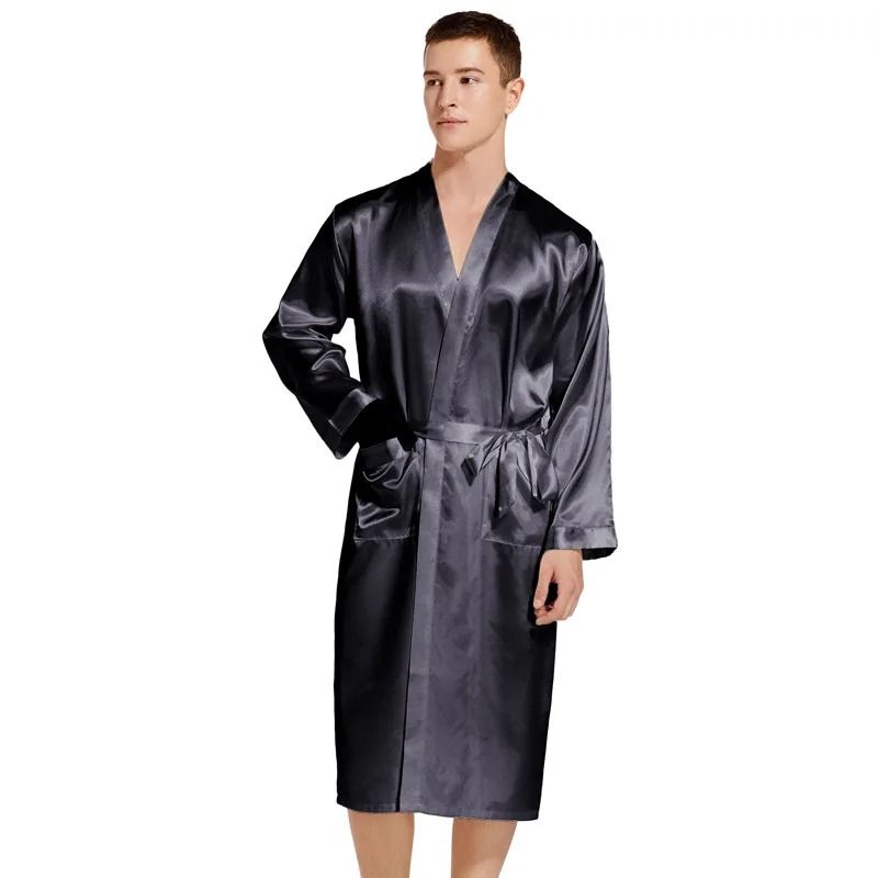 Premium Mens Silk Satin Bathrobe Professional Navy Blue Wedding Kimono Sleepwear Gown 9