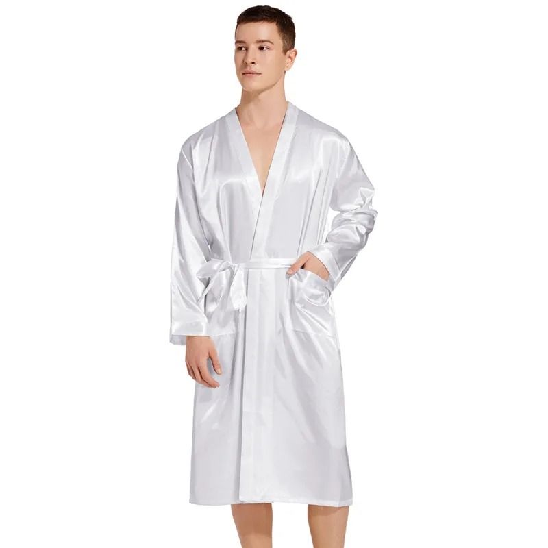 Premium Mens Silk Satin Bathrobe Professional Navy Blue Wedding Kimono Sleepwear Gown 12