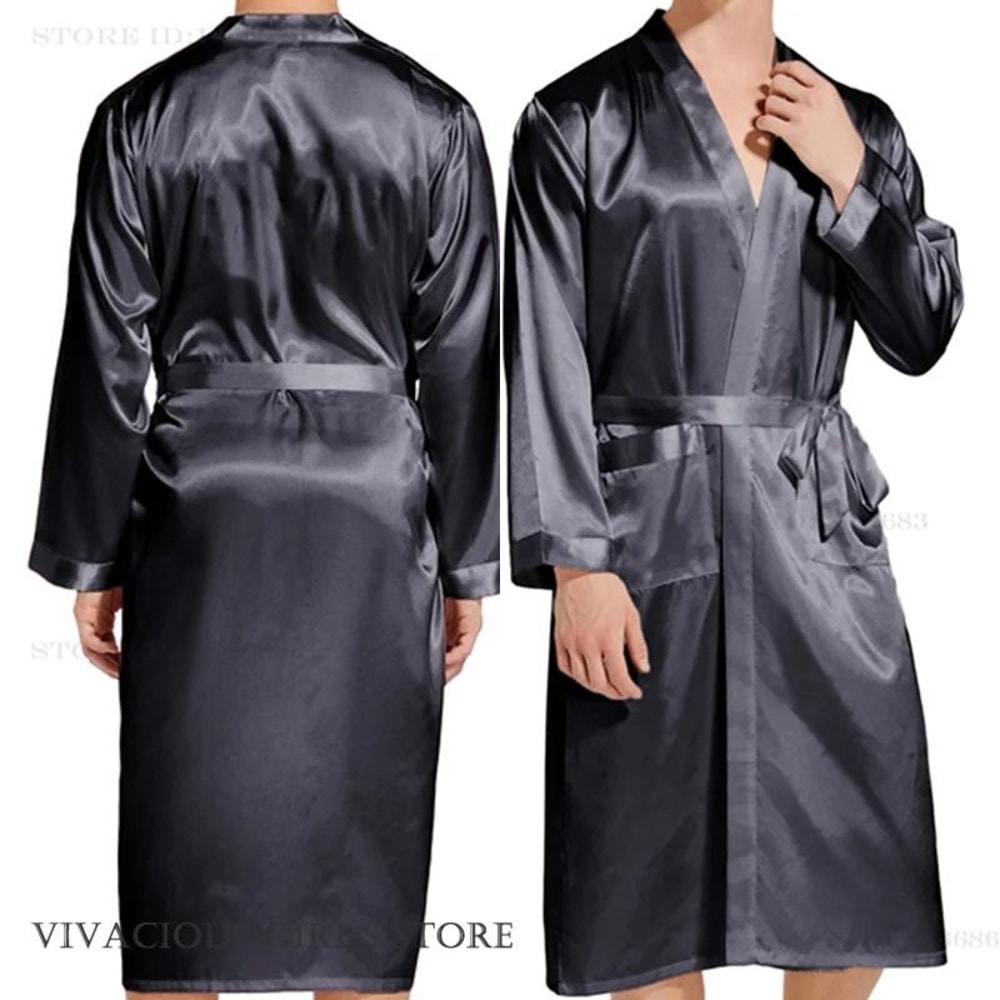 Premium Mens Silk Satin Bathrobe Professional Navy Blue Wedding Kimono Sleepwear Gown 2