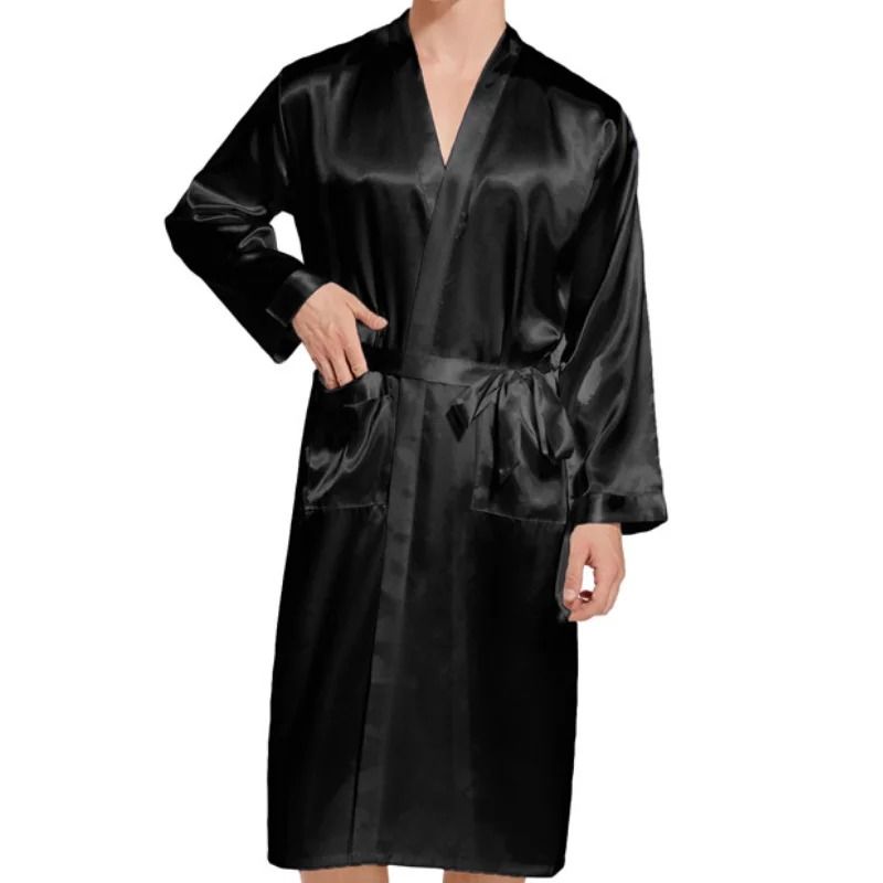 Premium Mens Silk Satin Bathrobe Professional Navy Blue Wedding Kimono Sleepwear Gown 4