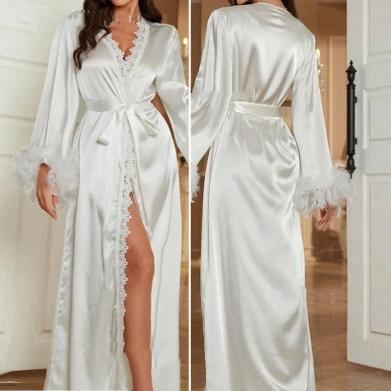 Luxury FeatherTrimmed Wedding Robe Set Professional Ice Silk Long Kimono Gown Sexy Bridal Dress 1