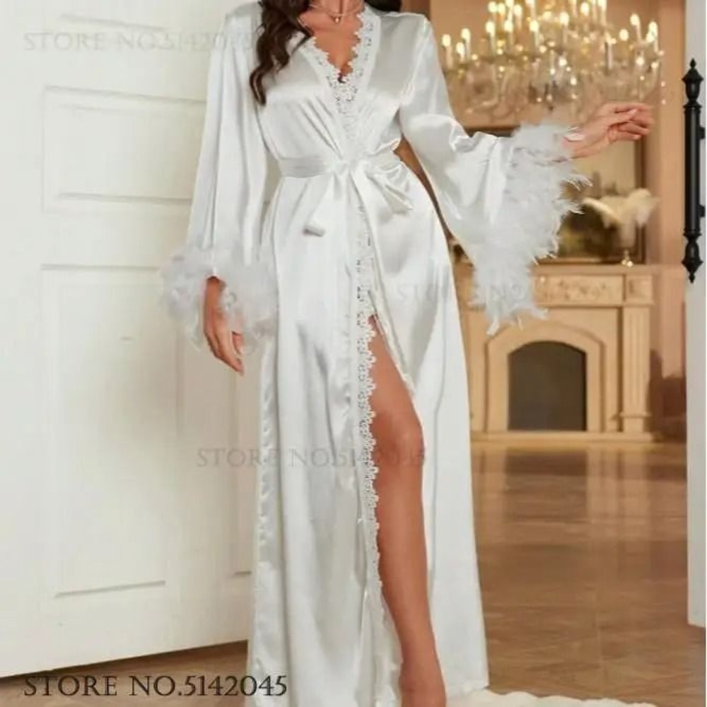 Luxury FeatherTrimmed Wedding Robe Set Professional Ice Silk Long Kimono Gown Sexy Bridal Dress 3