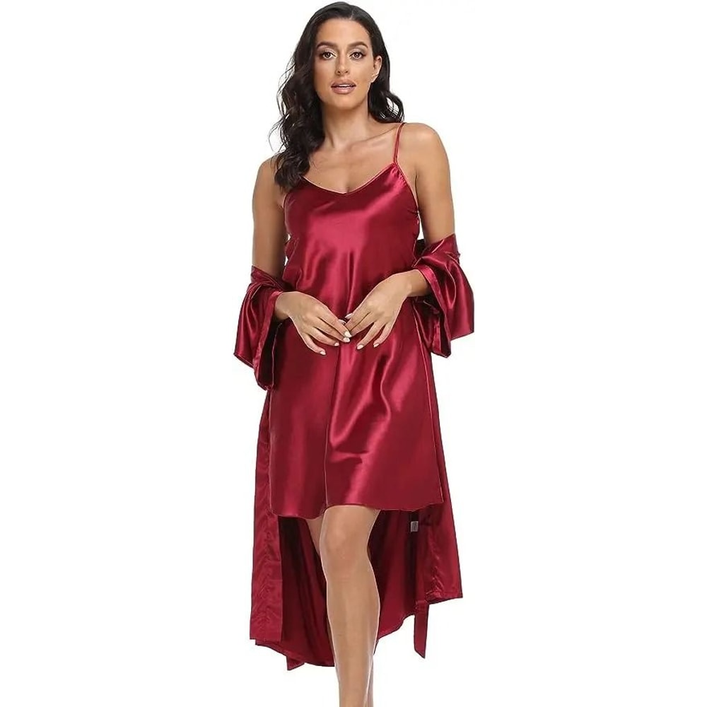 Silk Satin 2Piece Pajama Set Professional Sexy Silky Pj Robe With Chemise Nightgown 3