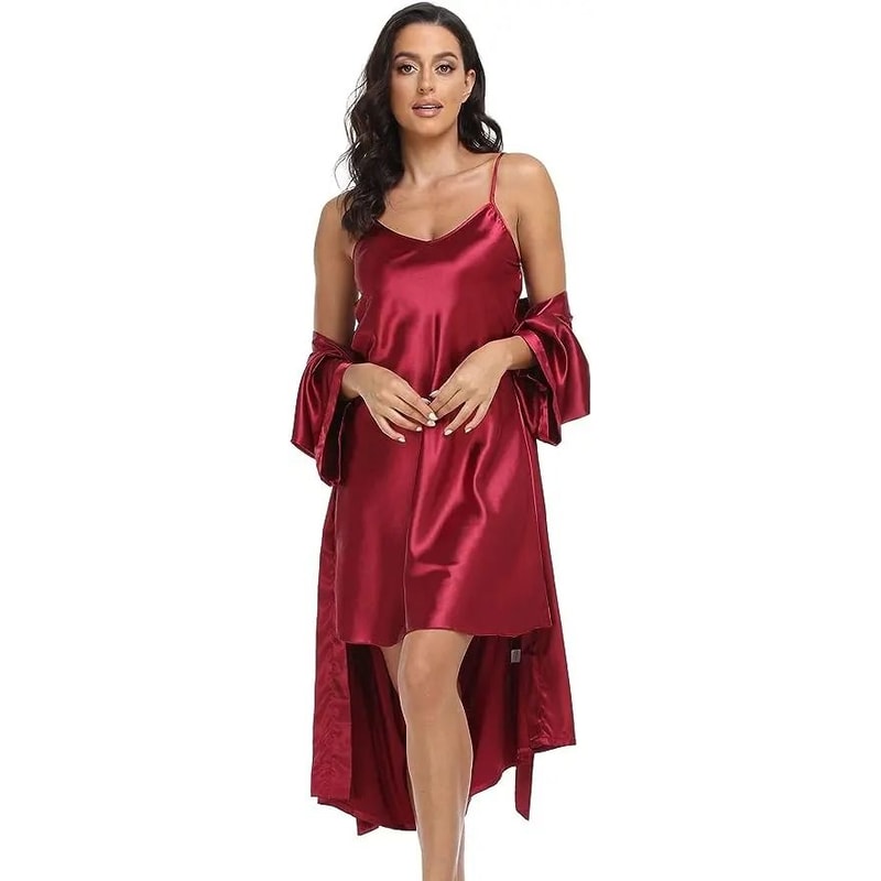 Silk Satin 2Piece Pajama Set Professional Sexy Silky Pj Robe With Chemise Nightgown 3