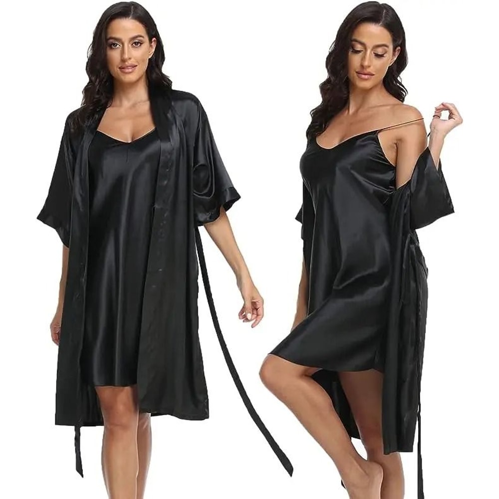 Silk Satin 2Piece Pajama Set Professional Sexy Silky Pj Robe With Chemise Nightgown 4