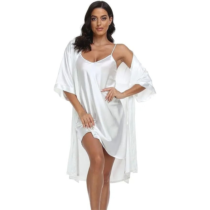Silk Satin 2Piece Pajama Set Professional Sexy Silky Pj Robe With Chemise Nightgown 6