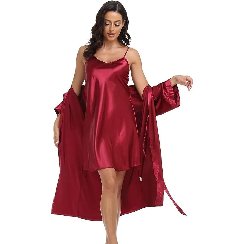 Silk Satin 2Piece Pajama Set Professional Sexy Silky Pj Robe With Chemise Nightgown 7
