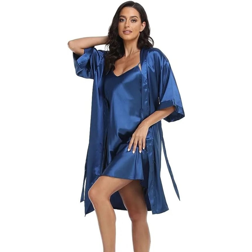 Silk Satin 2Piece Pajama Set Professional Sexy Silky Pj Robe With Chemise Nightgown 8