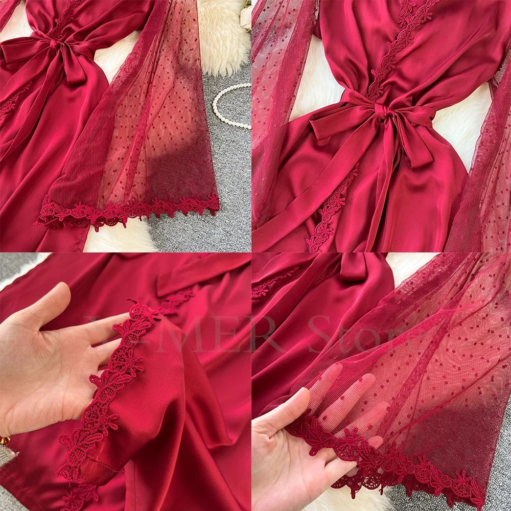 Sexy Embroidered Edge Kimono Robe Professional Silk Satin Long Gown With Mesh Sleeves 4