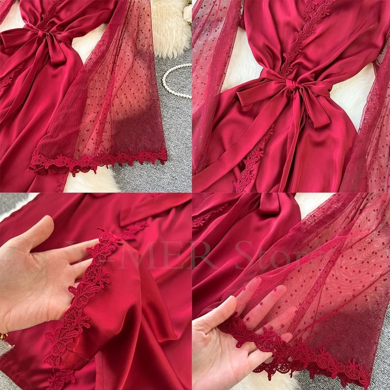 Sexy Embroidered Edge Kimono Robe Professional Silk Satin Long Gown With Mesh Sleeves 4