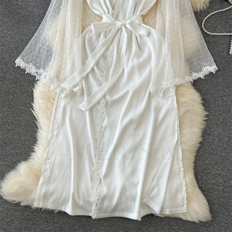 Sexy Embroidered Edge Kimono Robe Professional Silk Satin Long Gown With Mesh Sleeves 5