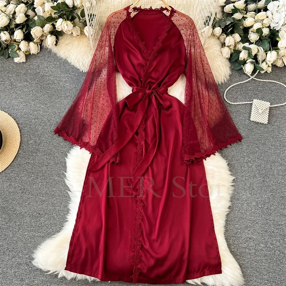 Sexy Embroidered Edge Kimono Robe Professional Silk Satin Long Gown With Mesh Sleeves 7