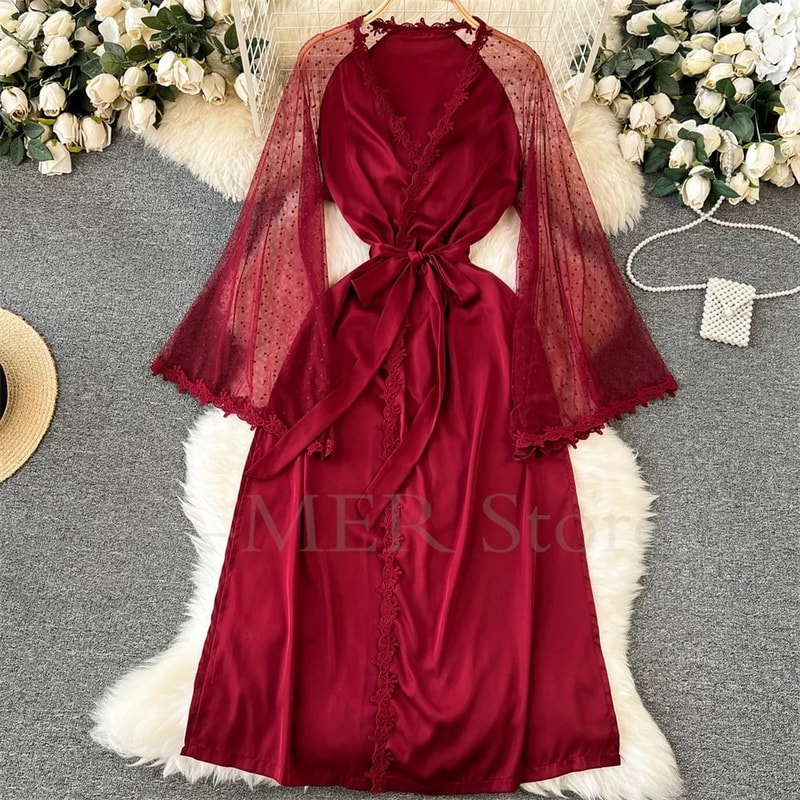 Sexy Embroidered Edge Kimono Robe Professional Silk Satin Long Gown With Mesh Sleeves 7