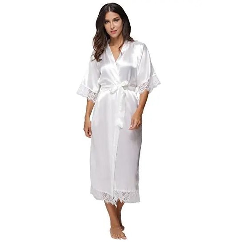 Lace Patchwork Satin Kimono Robe Professional Silk Long Nightgown Wedding Bridesmaid Lingerie 0