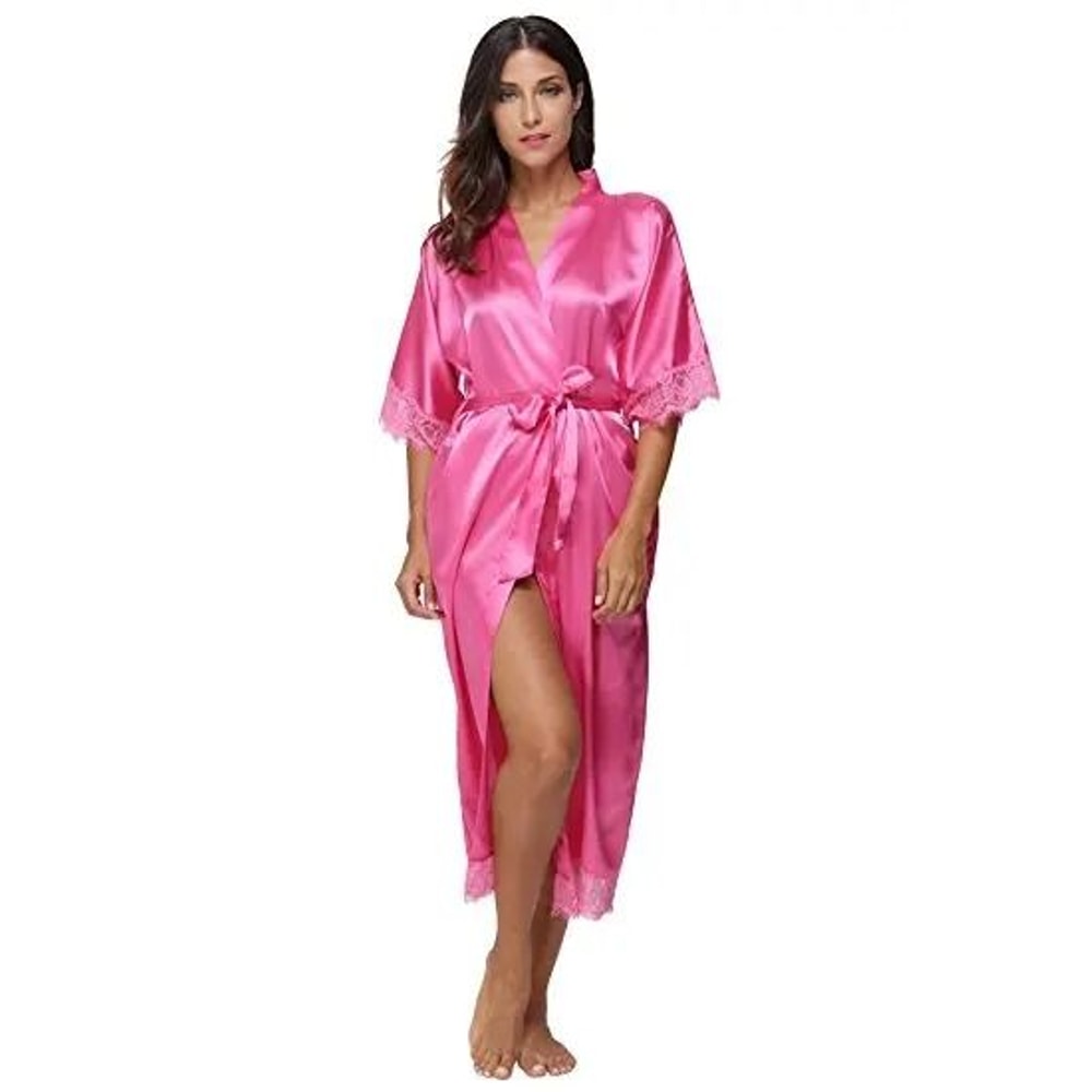 Lace Patchwork Satin Kimono Robe Professional Silk Long Nightgown Wedding Bridesmaid Lingerie 9