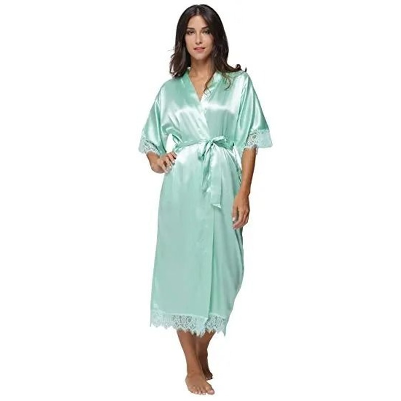 Lace Patchwork Satin Kimono Robe Professional Silk Long Nightgown Wedding Bridesmaid Lingerie 10
