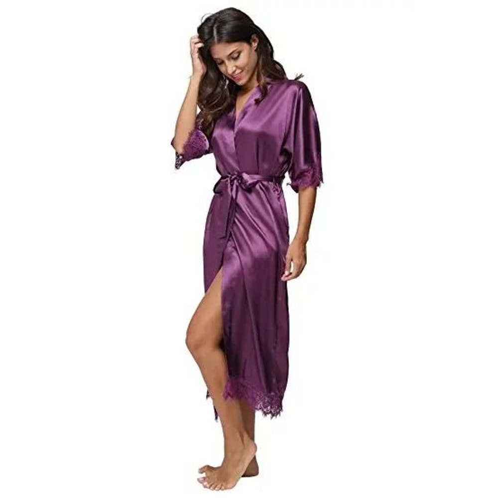 Lace Patchwork Satin Kimono Robe Professional Silk Long Nightgown Wedding Bridesmaid Lingerie 11