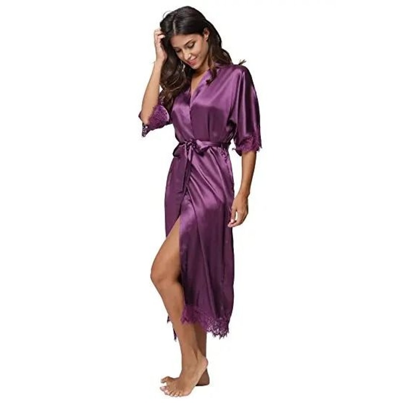 Lace Patchwork Satin Kimono Robe Professional Silk Long Nightgown Wedding Bridesmaid Lingerie 11
