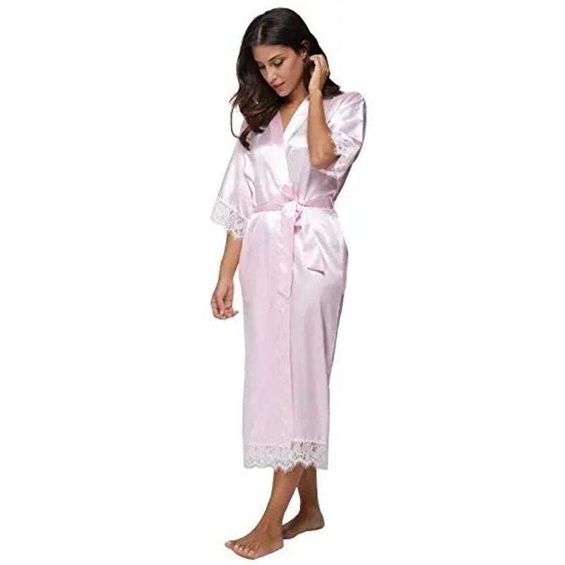 Lace Patchwork Satin Kimono Robe Professional Silk Long Nightgown Wedding Bridesmaid Lingerie 12