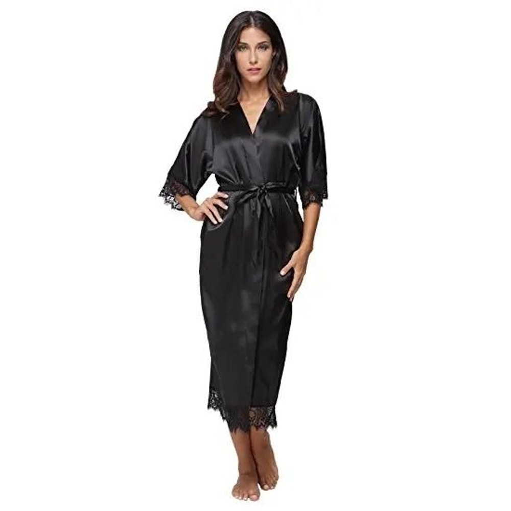 Lace Patchwork Satin Kimono Robe Professional Silk Long Nightgown Wedding Bridesmaid Lingerie 13