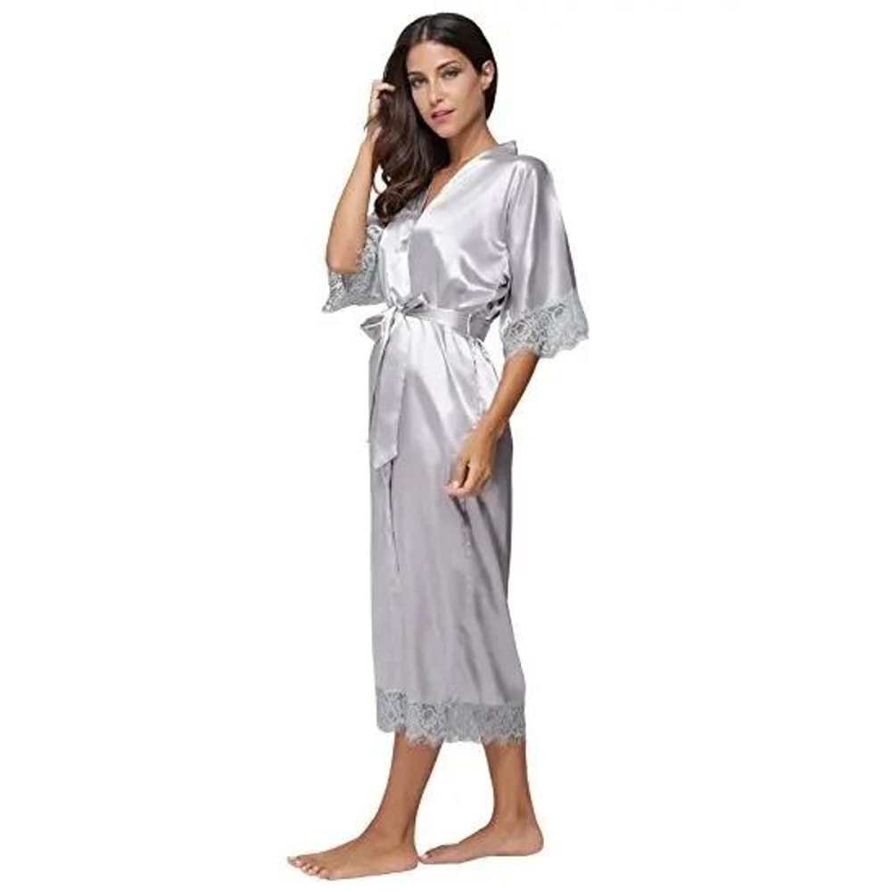 Lace Patchwork Satin Kimono Robe Professional Silk Long Nightgown Wedding Bridesmaid Lingerie 14