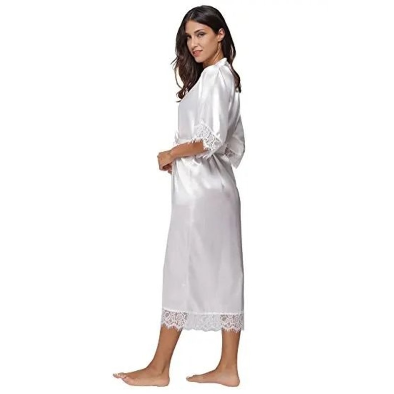 Lace Patchwork Satin Kimono Robe Professional Silk Long Nightgown Wedding Bridesmaid Lingerie 1