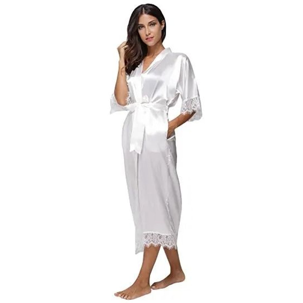 Lace Patchwork Satin Kimono Robe Professional Silk Long Nightgown Wedding Bridesmaid Lingerie 2