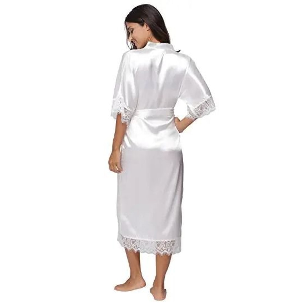 Lace Patchwork Satin Kimono Robe Professional Silk Long Nightgown Wedding Bridesmaid Lingerie 3