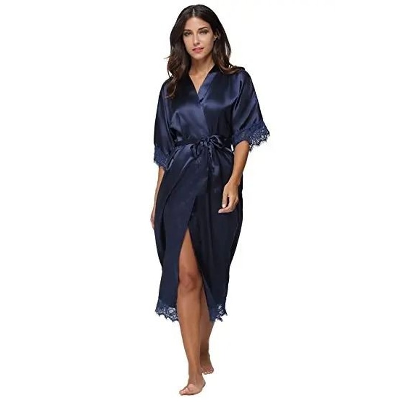 Lace Patchwork Satin Kimono Robe Professional Silk Long Nightgown Wedding Bridesmaid Lingerie 4