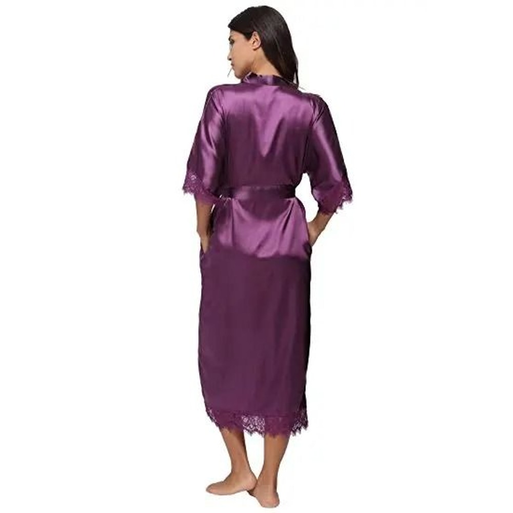 Lace Patchwork Satin Kimono Robe Professional Silk Long Nightgown Wedding Bridesmaid Lingerie 5