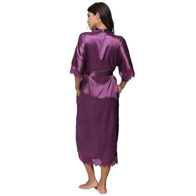 Lace Patchwork Satin Kimono Robe Professional Silk Long Nightgown Wedding Bridesmaid Lingerie 5