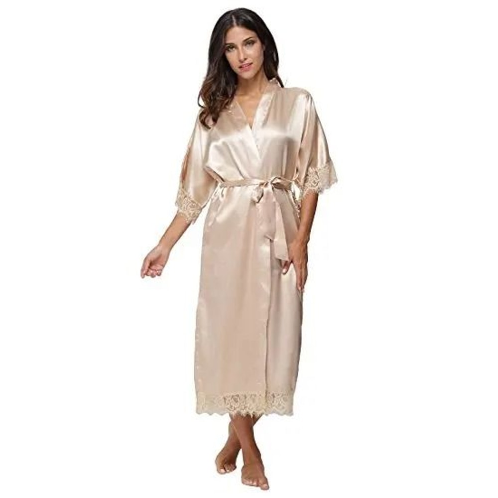 Lace Patchwork Satin Kimono Robe Professional Silk Long Nightgown Wedding Bridesmaid Lingerie 6