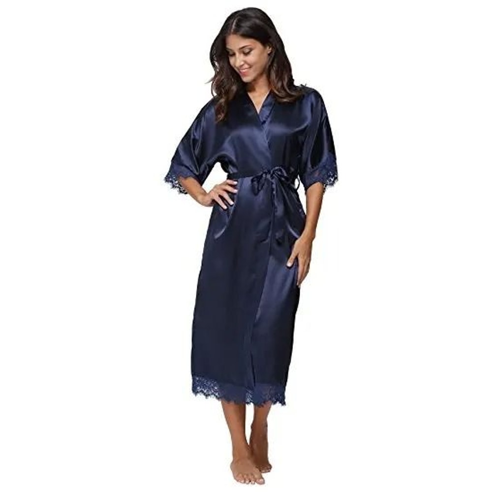 Lace Patchwork Satin Kimono Robe Professional Silk Long Nightgown Wedding Bridesmaid Lingerie 8