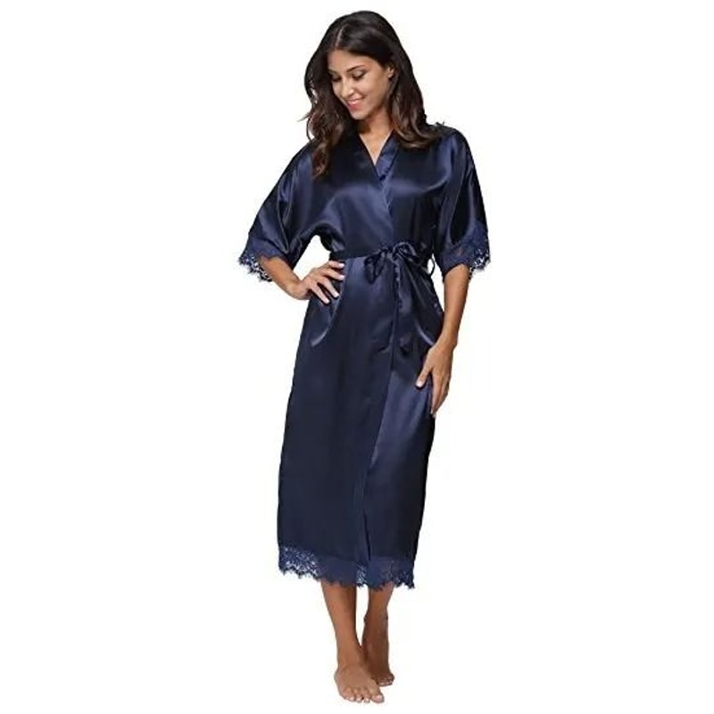 Lace Patchwork Satin Kimono Robe Professional Silk Long Nightgown Wedding Bridesmaid Lingerie 8