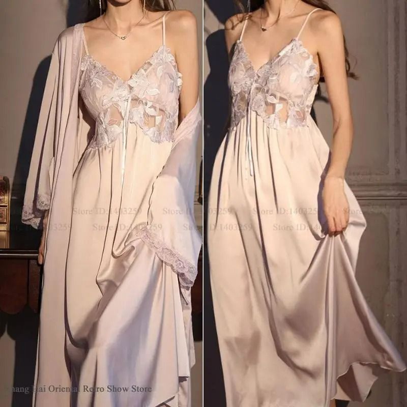 Elegant Female Ice Silk Robe Set Professional HollowOut Lace Nightdress Silky Loungewear Lingerie 0