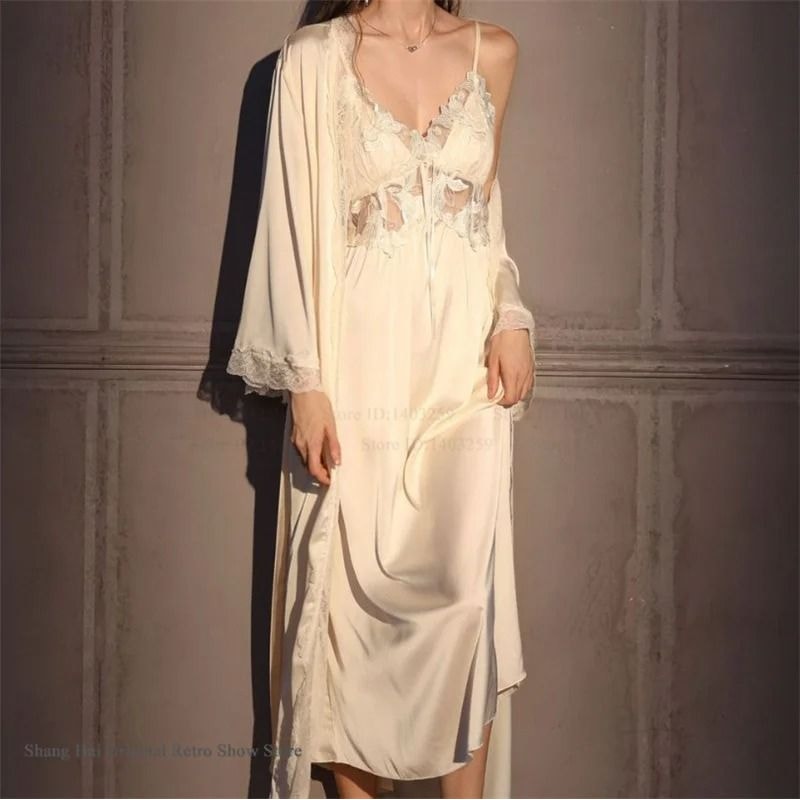 Elegant Female Ice Silk Robe Set Professional HollowOut Lace Nightdress Silky Loungewear Lingerie 12