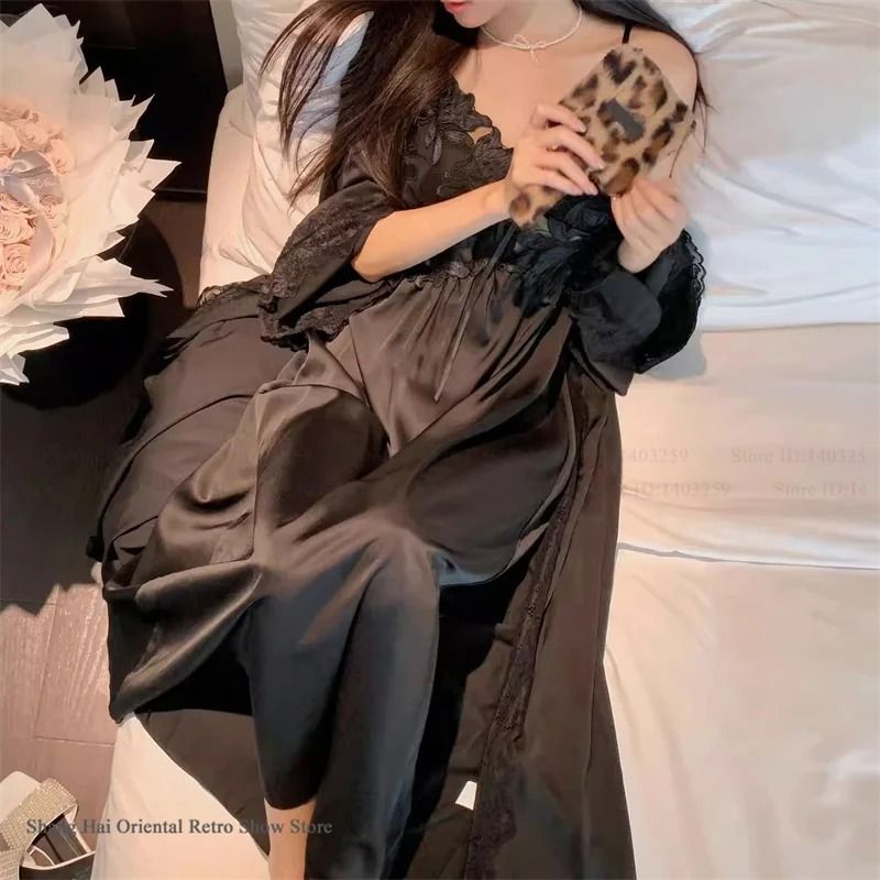 Elegant Female Ice Silk Robe Set Professional HollowOut Lace Nightdress Silky Loungewear Lingerie 14