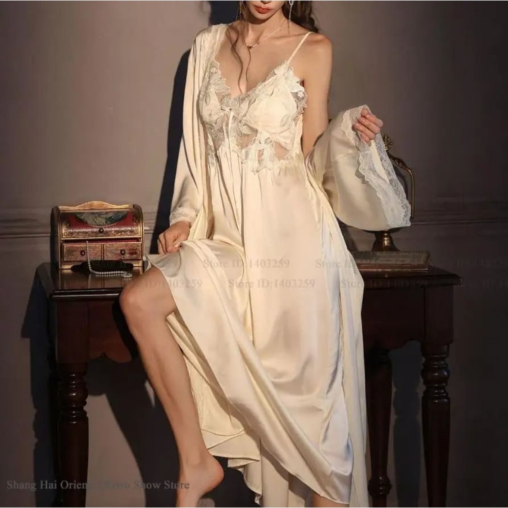Elegant Female Ice Silk Robe Set Professional HollowOut Lace Nightdress Silky Loungewear Lingerie 3