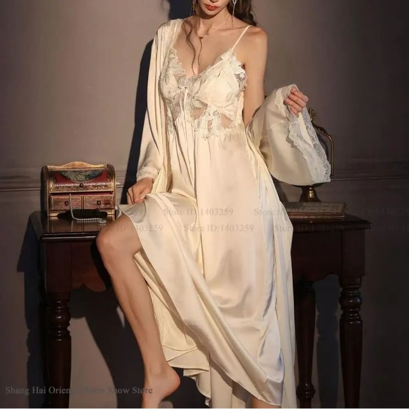 Elegant Female Ice Silk Robe Set Professional HollowOut Lace Nightdress Silky Loungewear Lingerie 3