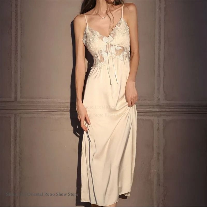 Elegant Female Ice Silk Robe Set Professional HollowOut Lace Nightdress Silky Loungewear Lingerie 8