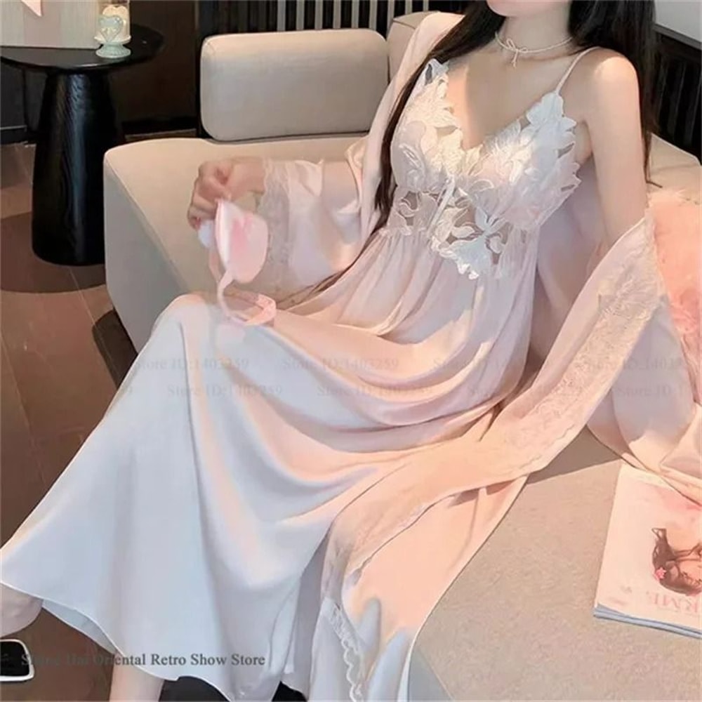 Elegant Female Ice Silk Robe Set Professional HollowOut Lace Nightdress Silky Loungewear Lingerie 15