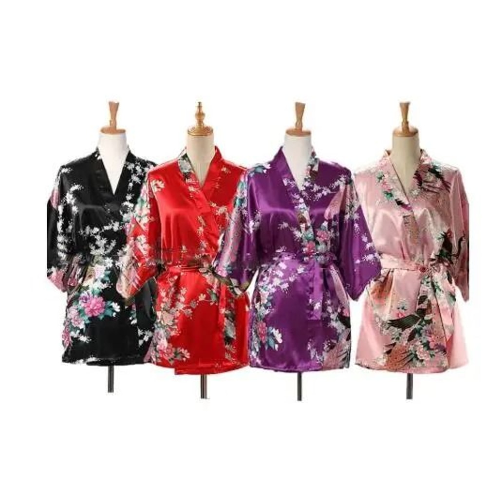 Peacock Print Japanese Kimono Yukata Professional Silk Satin Short Nightgown Bath Robe Costume 0