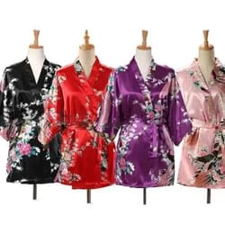 peacock print japanese kimono yukata – professional silk satin short nightgown & bath robe costume