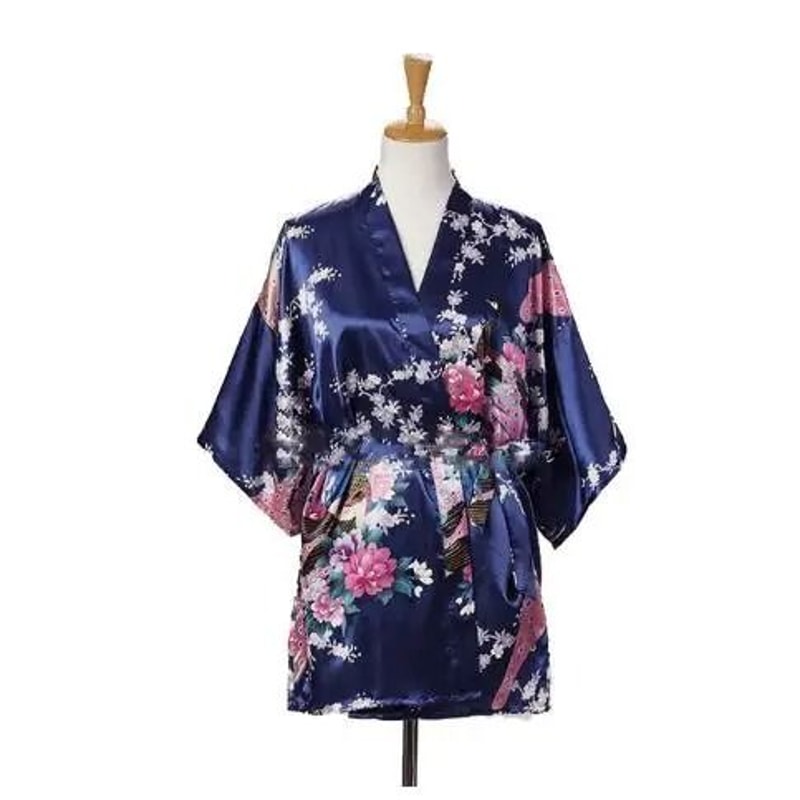 Peacock Print Japanese Kimono Yukata Professional Silk Satin Short Nightgown Bath Robe Costume 11