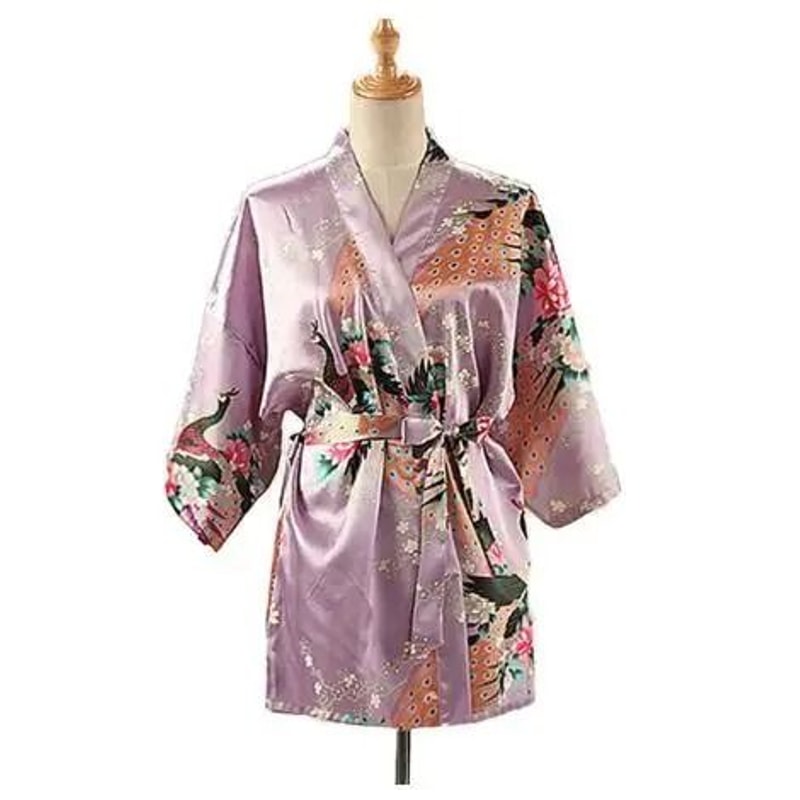 Peacock Print Japanese Kimono Yukata Professional Silk Satin Short Nightgown Bath Robe Costume 13