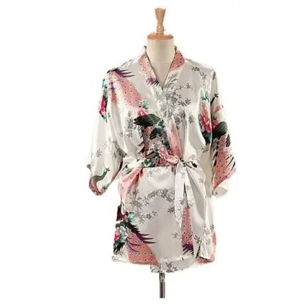 Peacock Print Japanese Kimono Yukata Professional Silk Satin Short Nightgown Bath Robe Costume 14