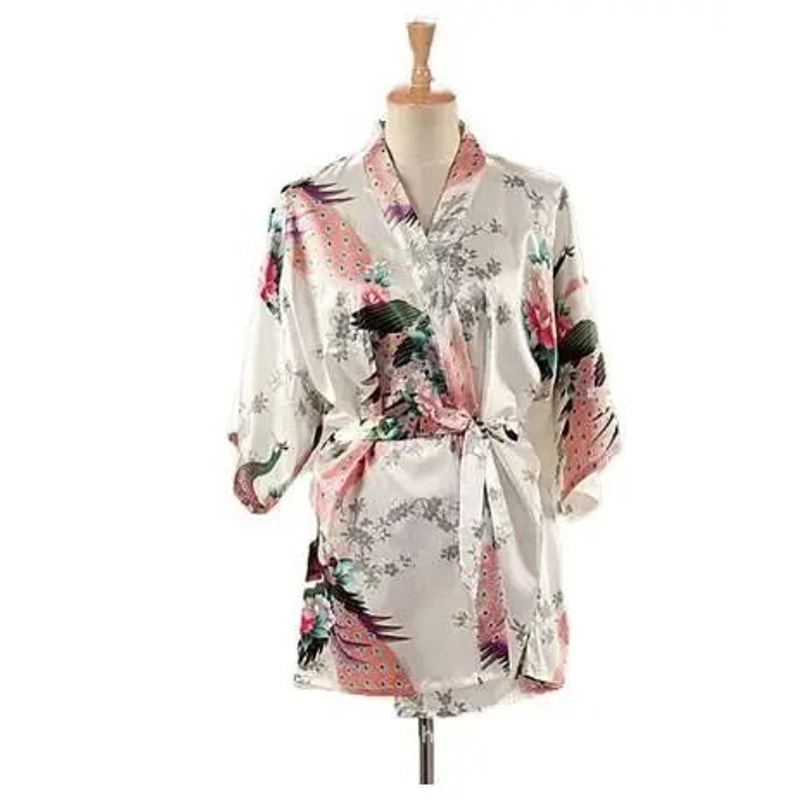 Peacock Print Japanese Kimono Yukata Professional Silk Satin Short Nightgown Bath Robe Costume 14